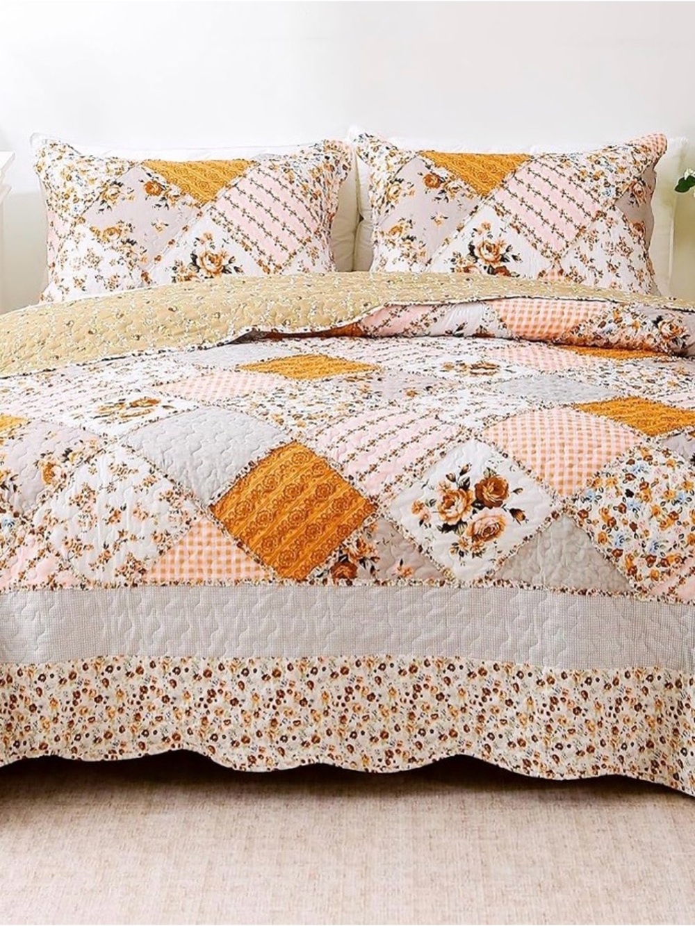 Floral Patchwork Quilt Set in Mustard and Pink - Brand